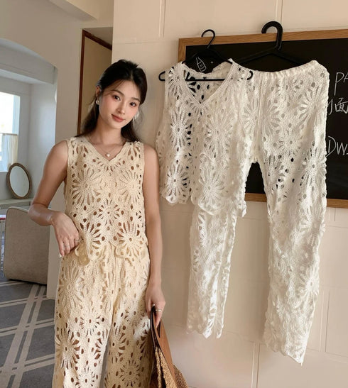 Ladies Crochet Top With Trouser Sets